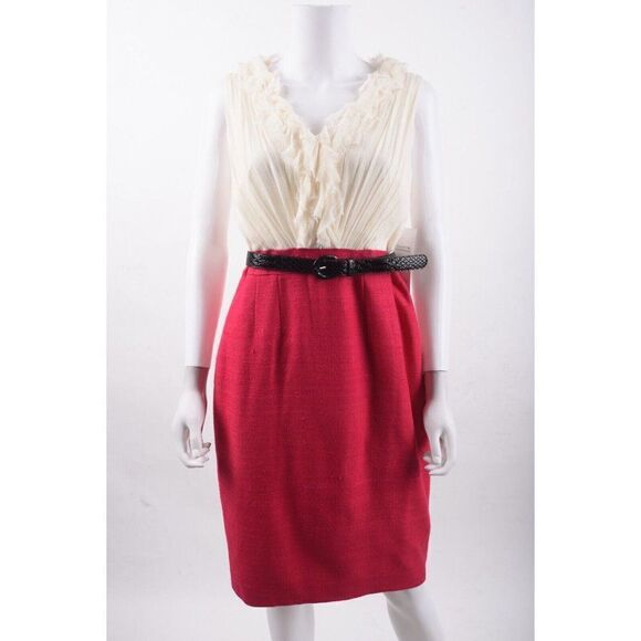 Kay Unger Womens Silk Sheath Dress Sz 8 White Pink Ruffle Front Sleeveless NWT - Picture 1 of 6